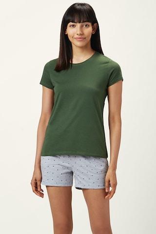 green solid casual short sleeves round neck women regular fit top