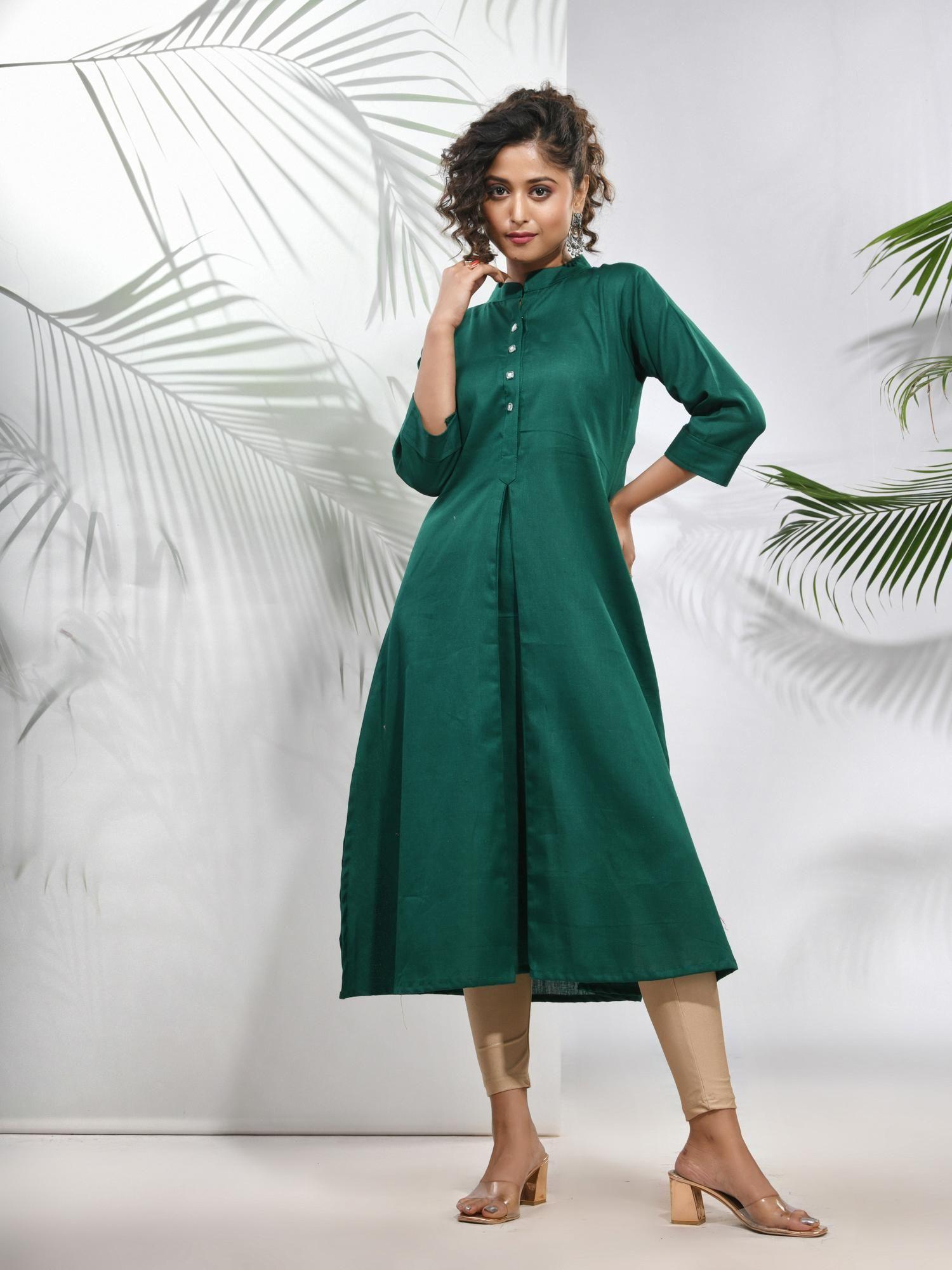 green solid cotton a-line kurta