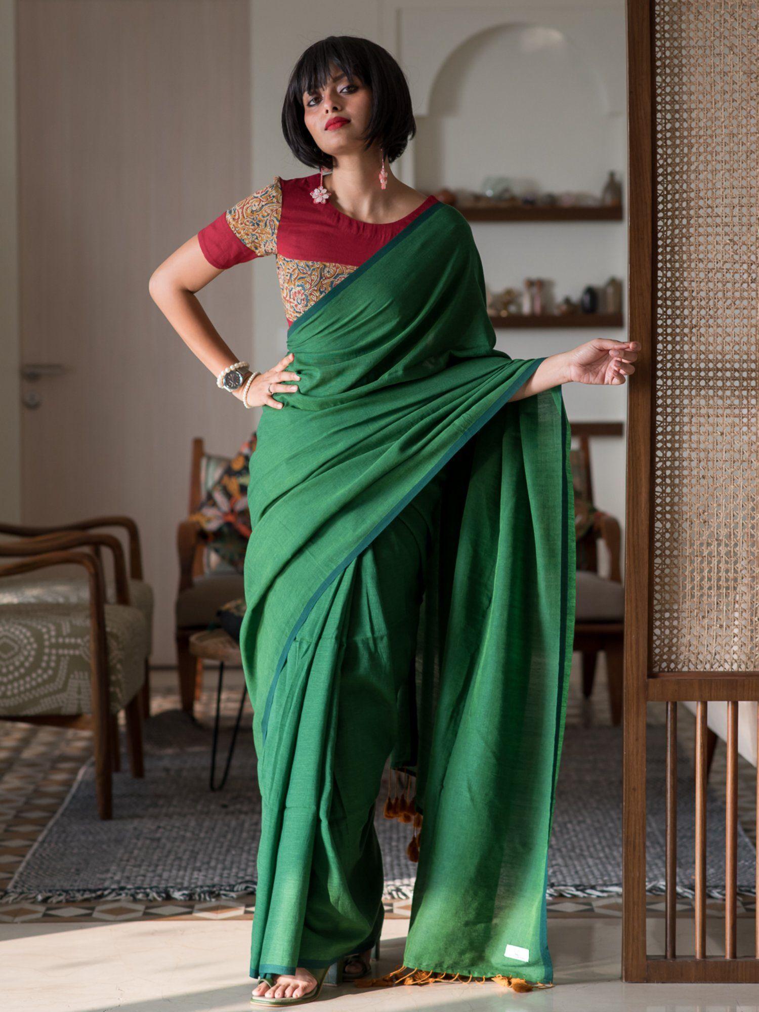 green solid cotton blend saree without blouse