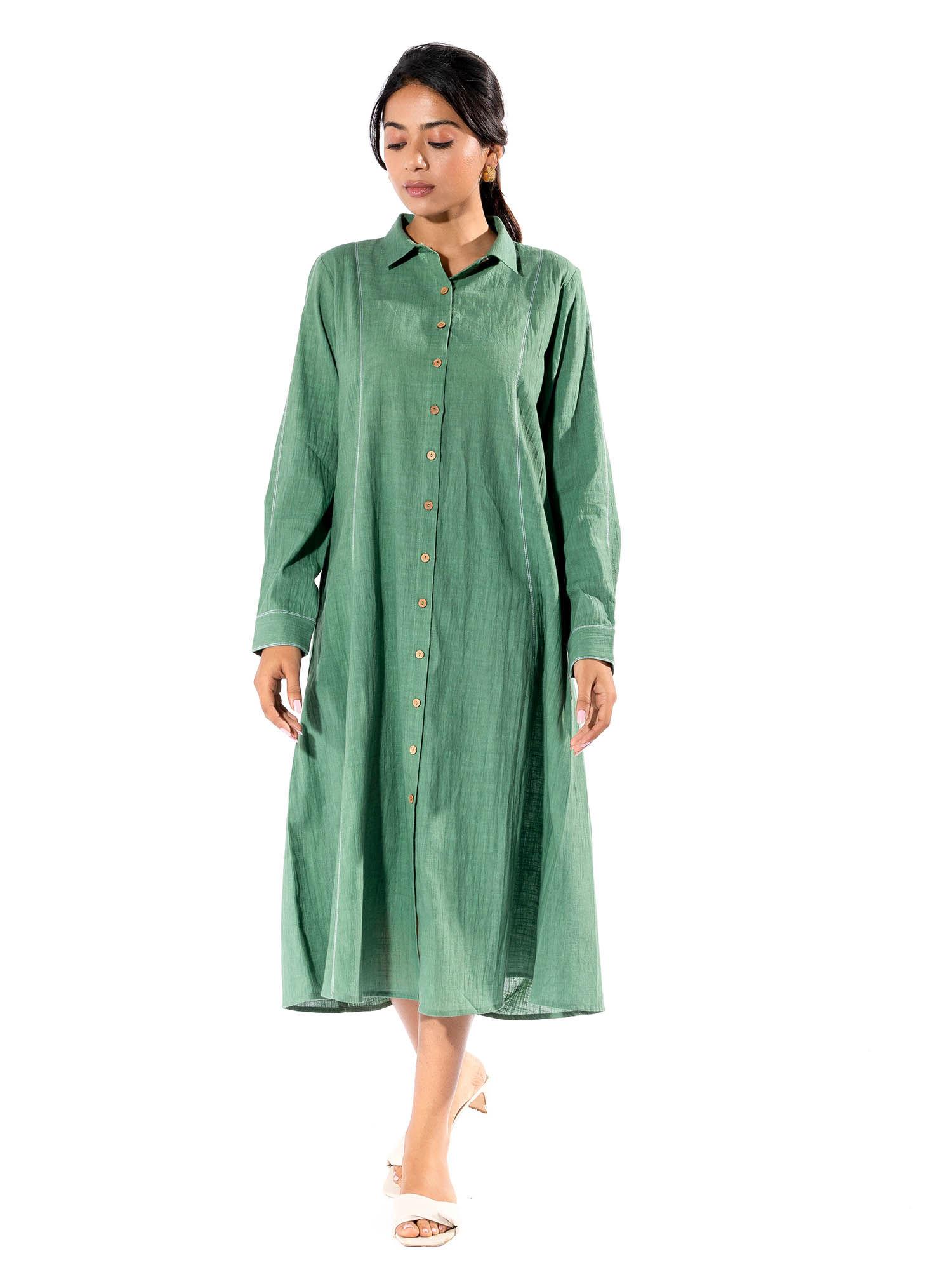 green solid cotton midi dress