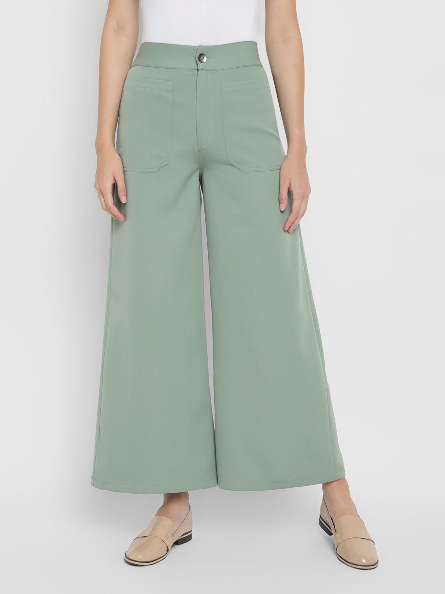 green solid crepe trousers