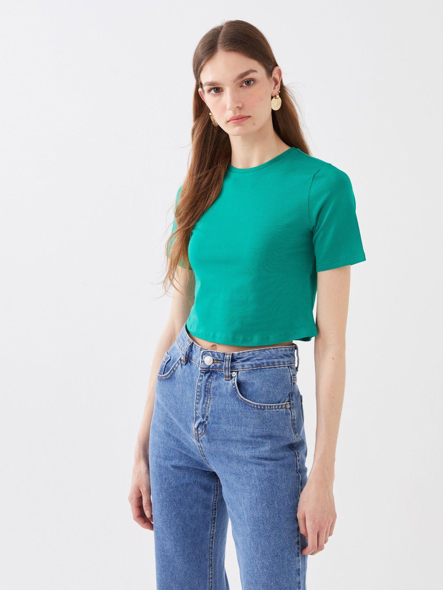 green solid crop t-shirt