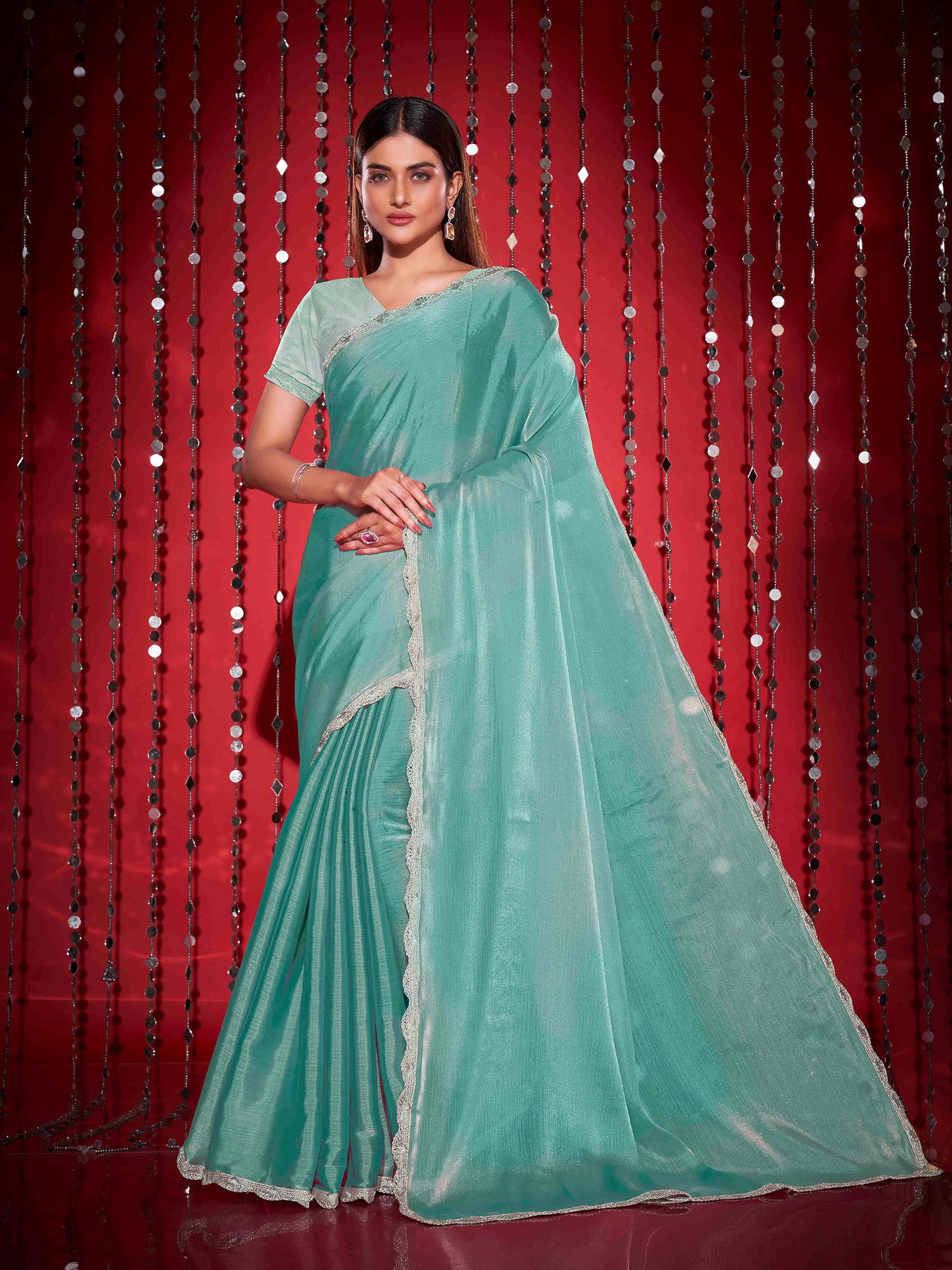 green solid embellished border saree with unstitched blouse