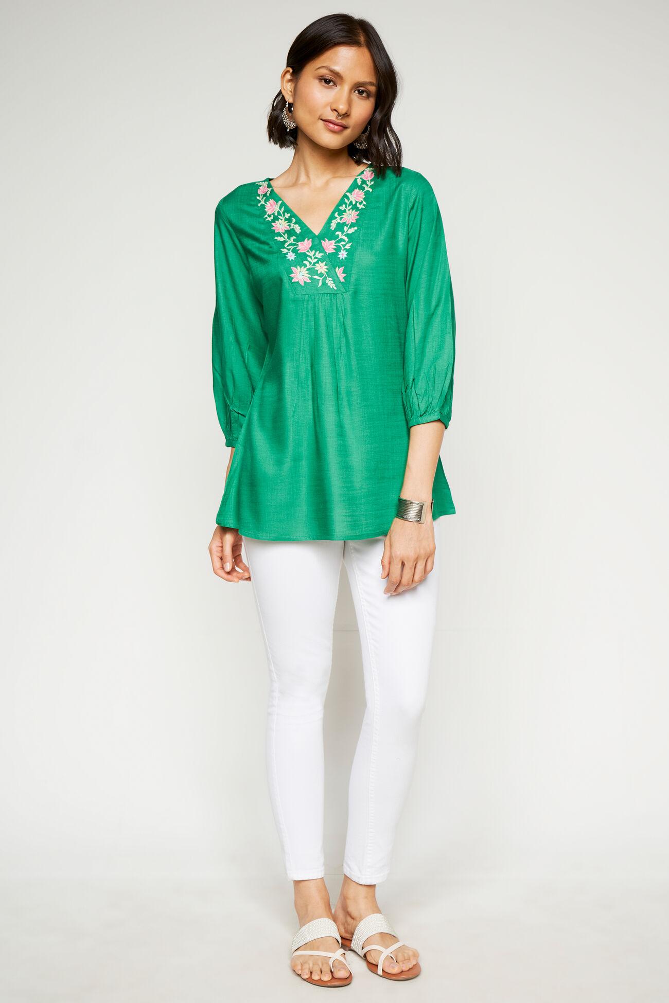 green solid embroidered straight top