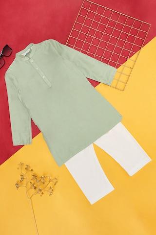 green solid ethnic full sleeves mandarin collar boys regular fit  pant kurta set