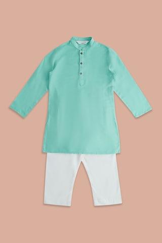 green solid ethnic mandarin full sleeves mid calf length boys regular fit pant kurta set