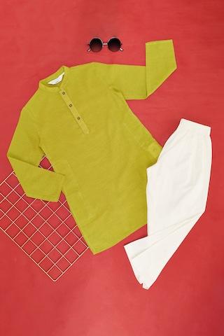 green solid ethnic mandarin full sleeves thigh-length boys regular fit pant kurta set