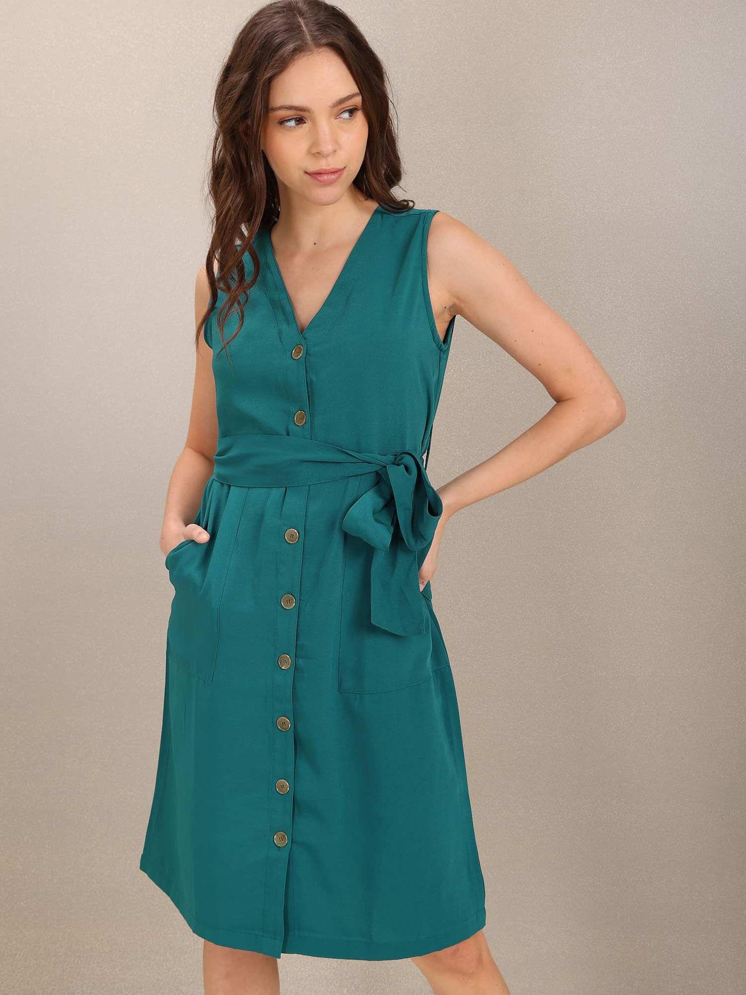 green solid fit and flare dress (set of 2)