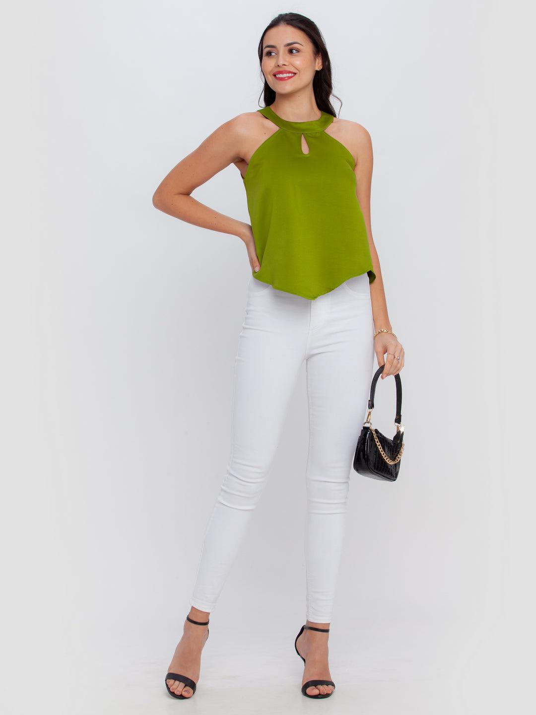 green solid fitted top for women