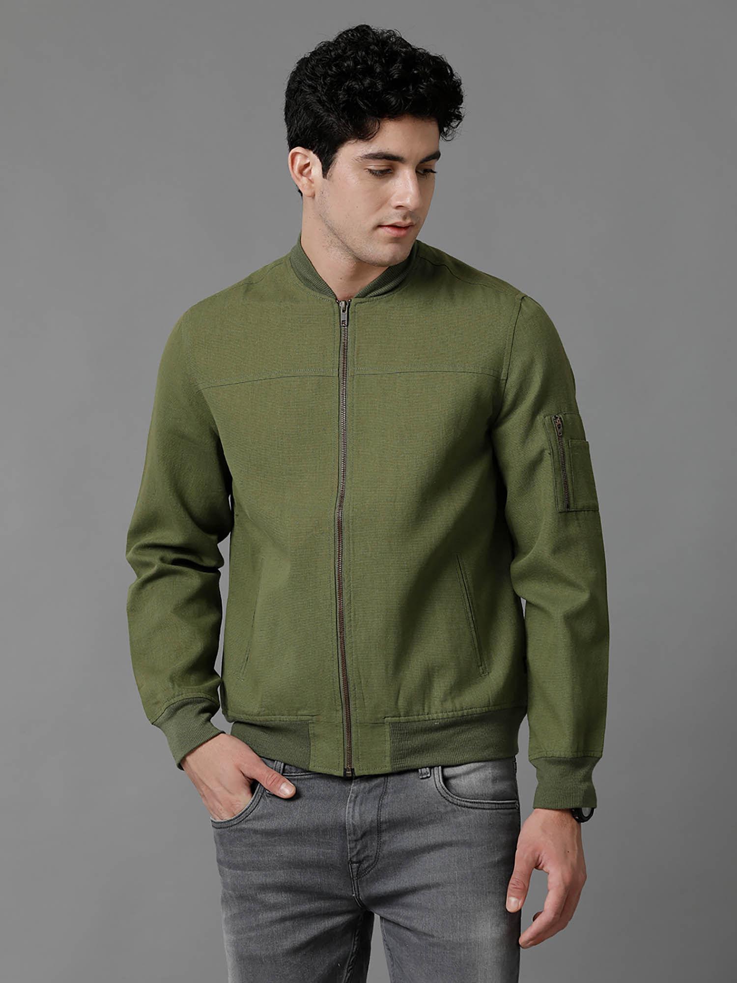 green solid full sleeve all season linen jacket for men