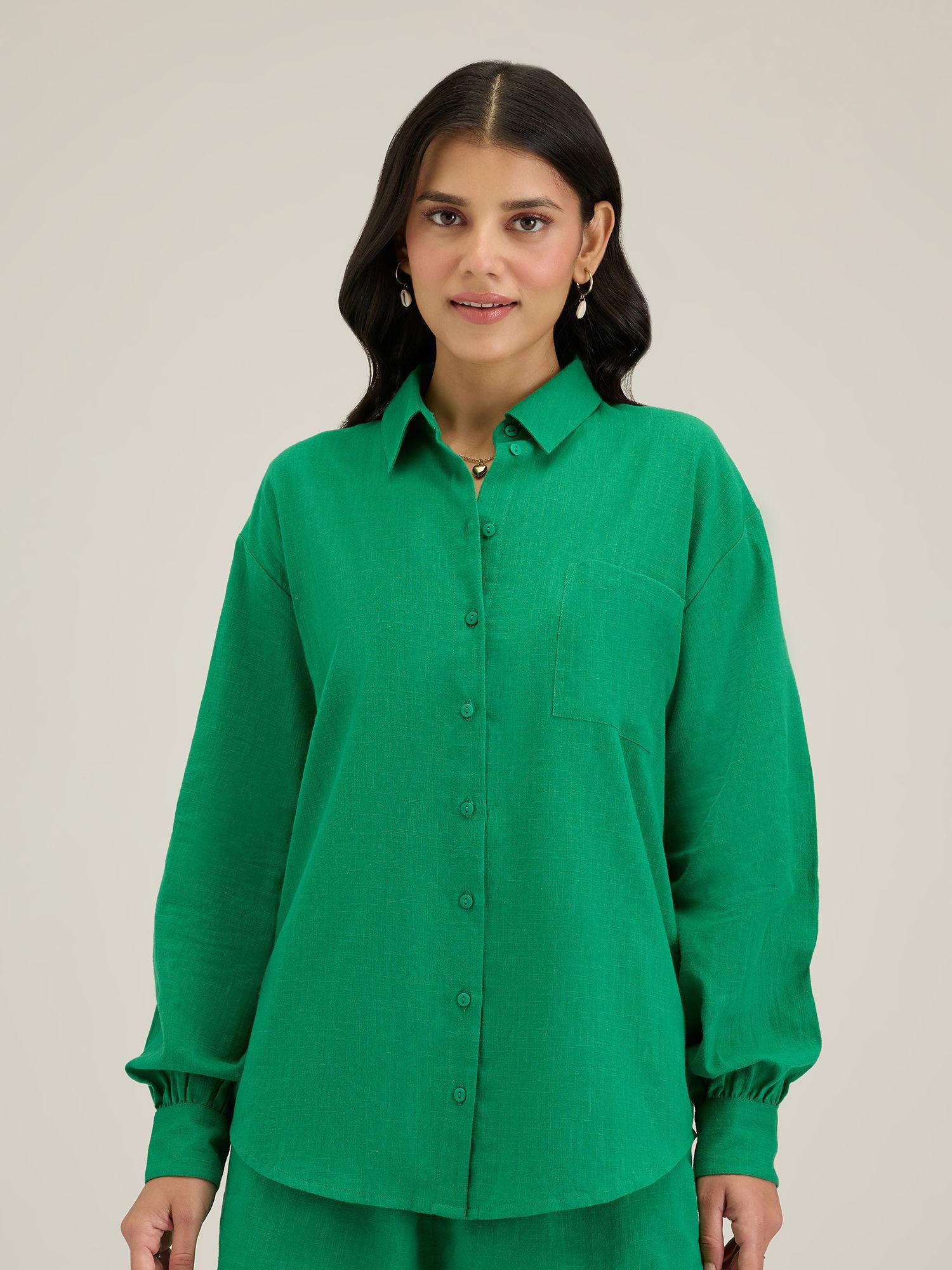 green solid full sleeves oversized shirt