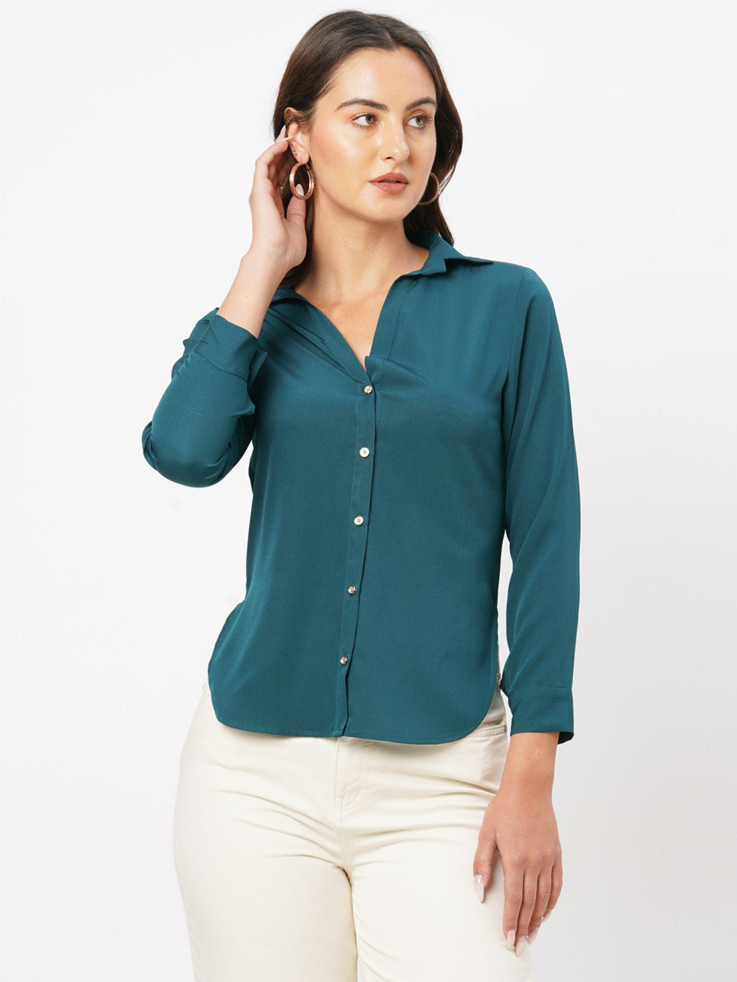 green solid high low style shirt