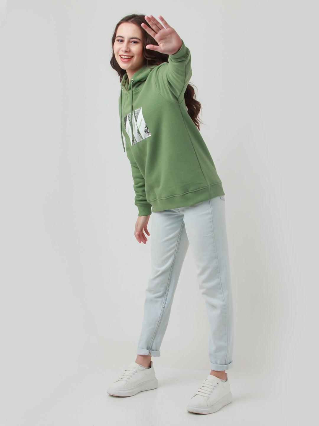 green solid hoodie sweatshirt for women