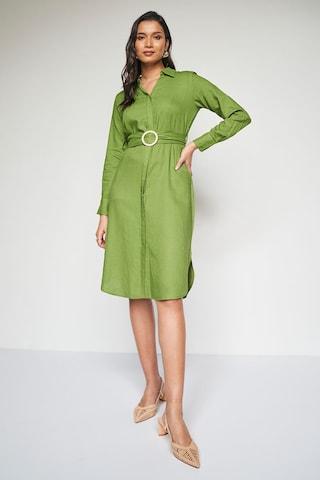 green solid knee length formal women regular fit dress