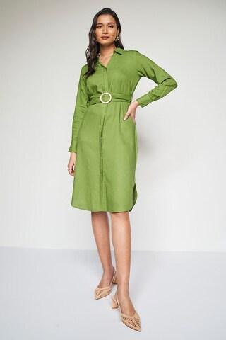 green solid knee length formal women regular fit dress