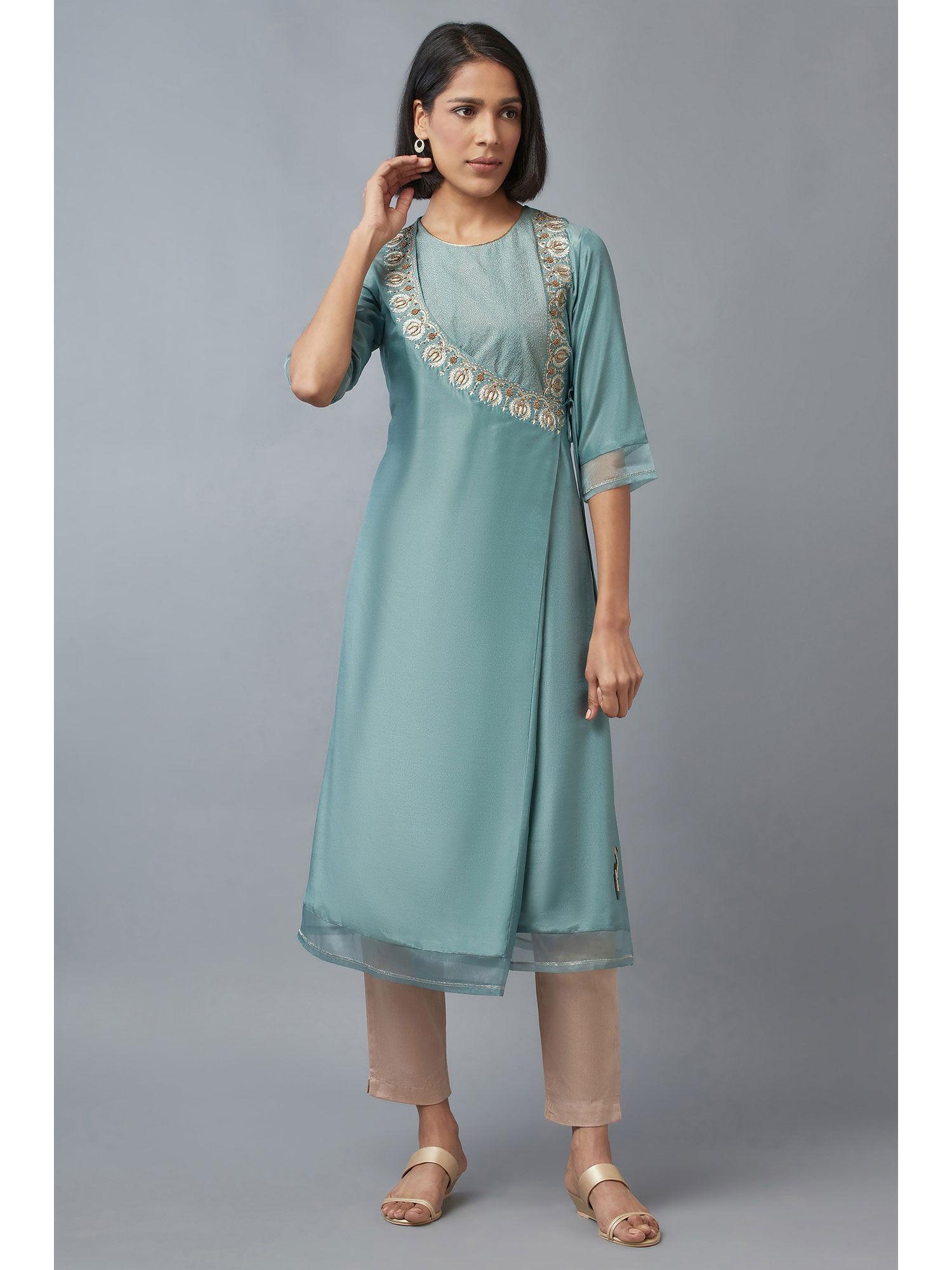 green solid kurta