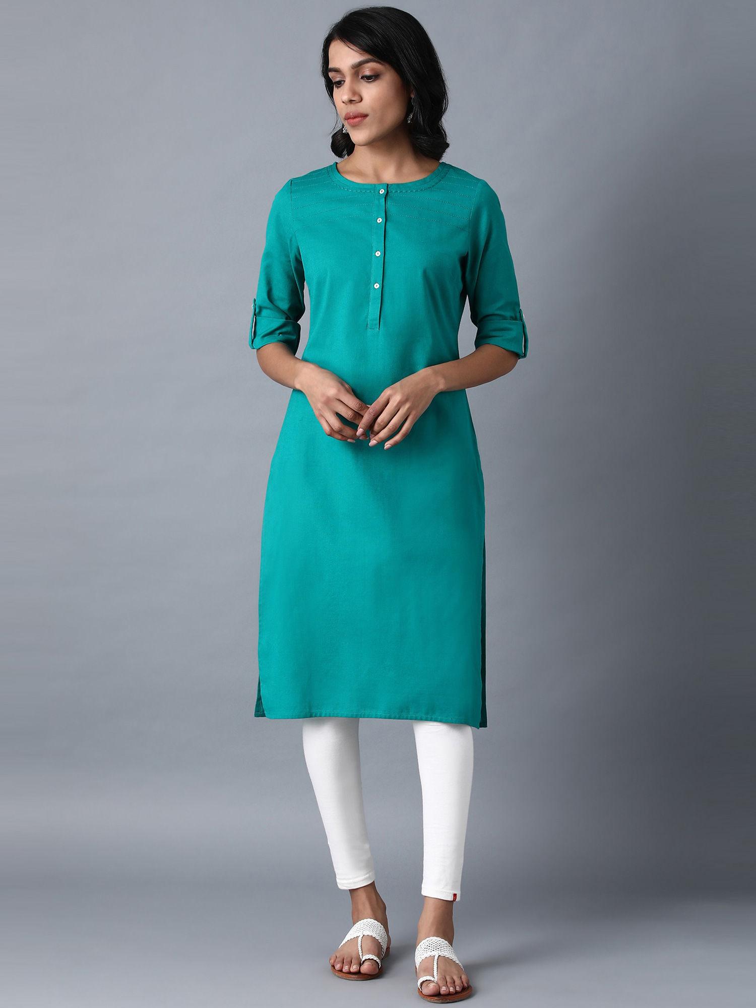 green solid kurta