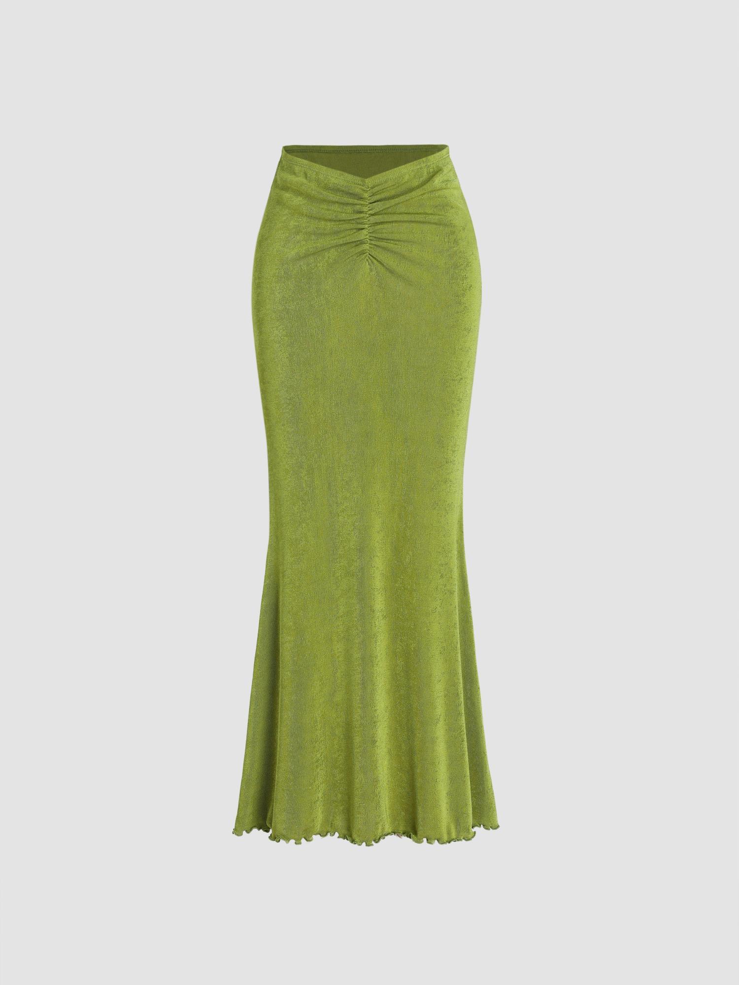 green solid lettuce hem mermaid maxi skirt