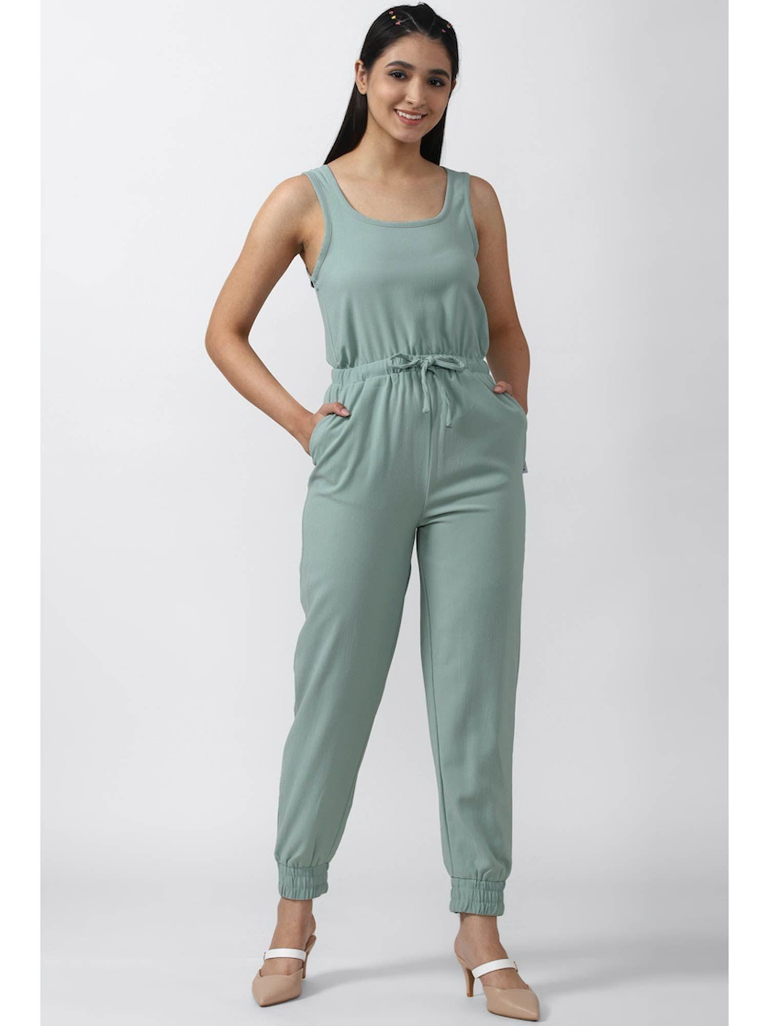 green solid long-jumpsuits