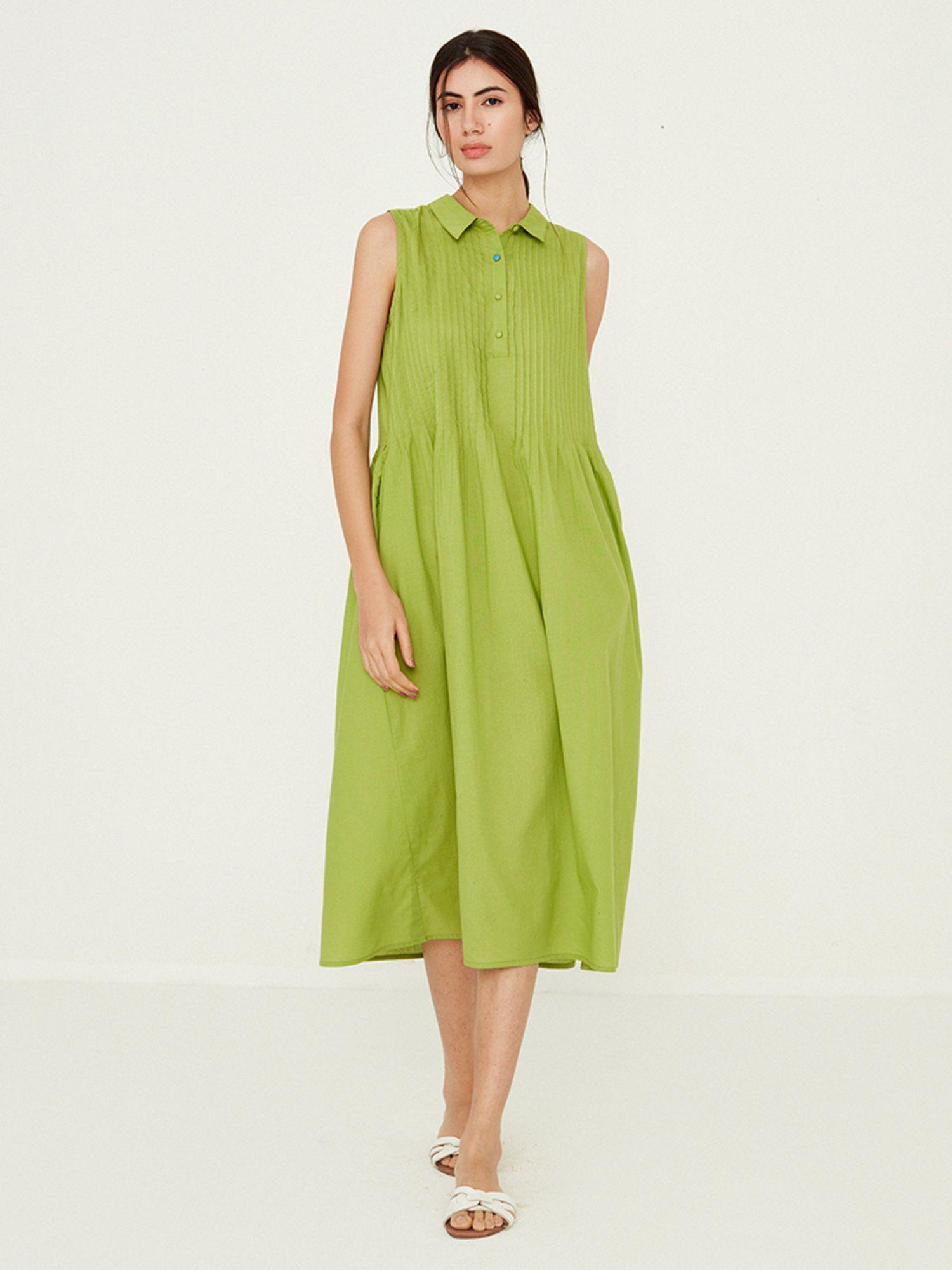 green solid midi dress