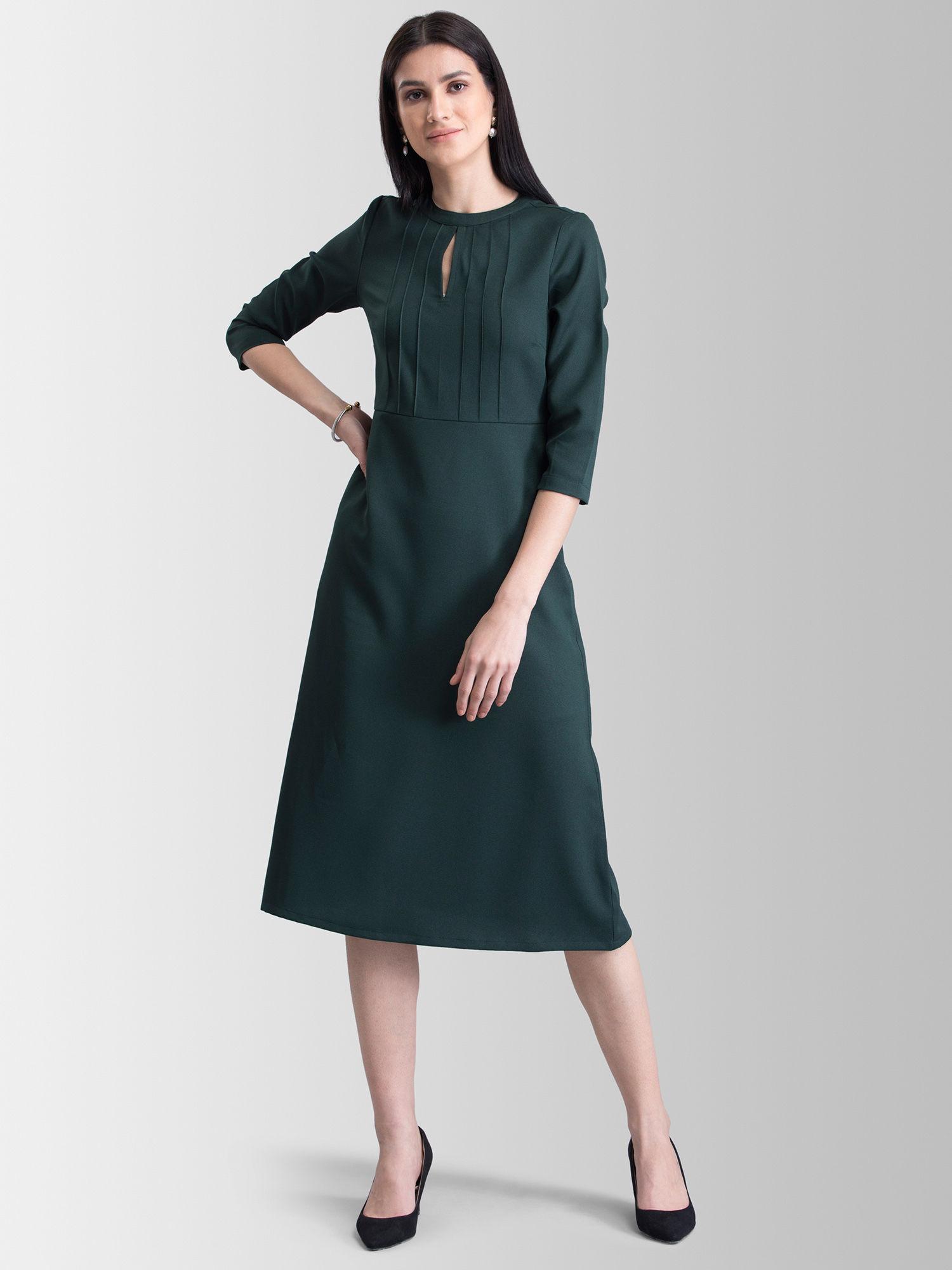 green solid midi dress