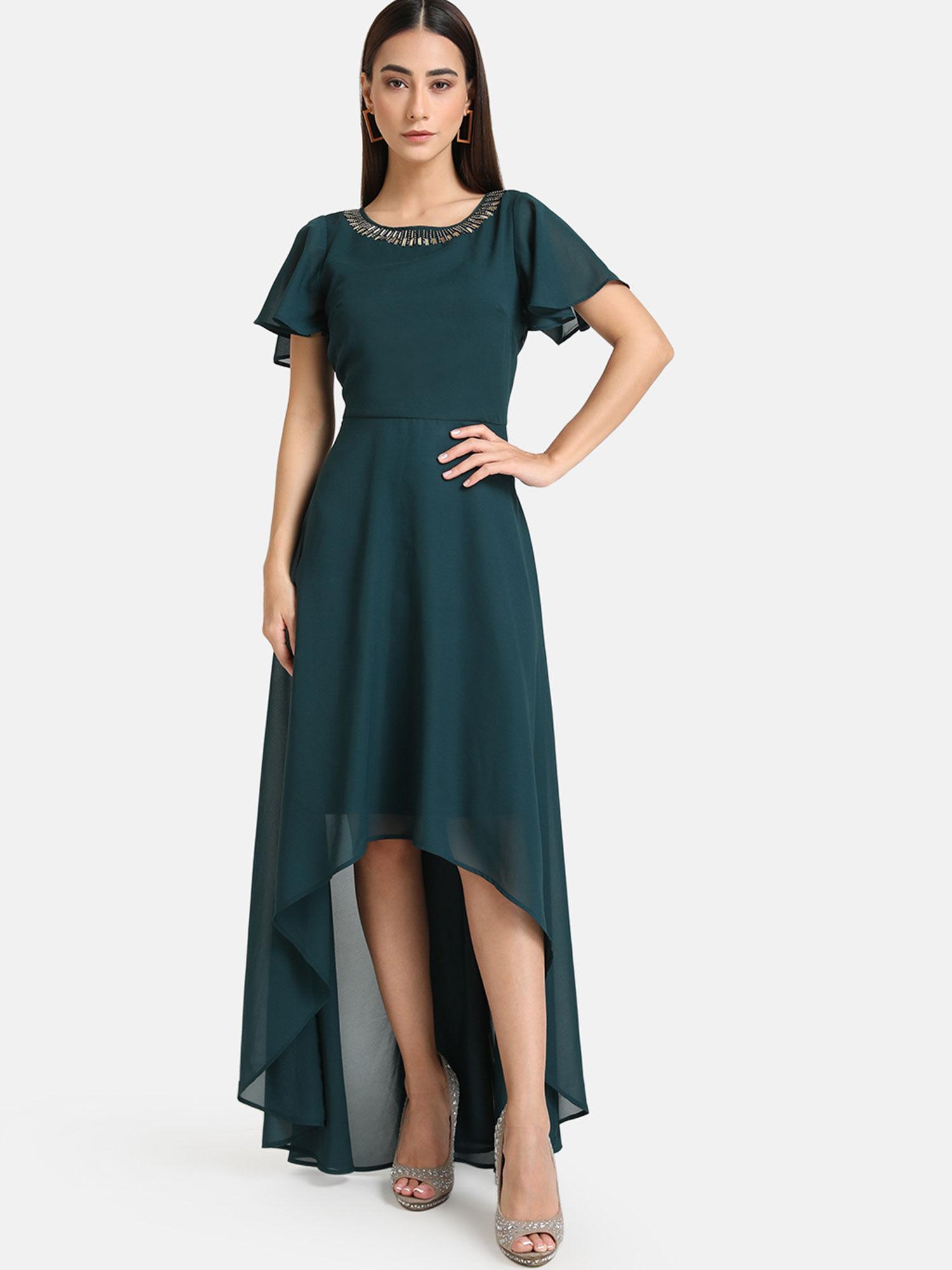 green solid neck embellished high low maxi dress