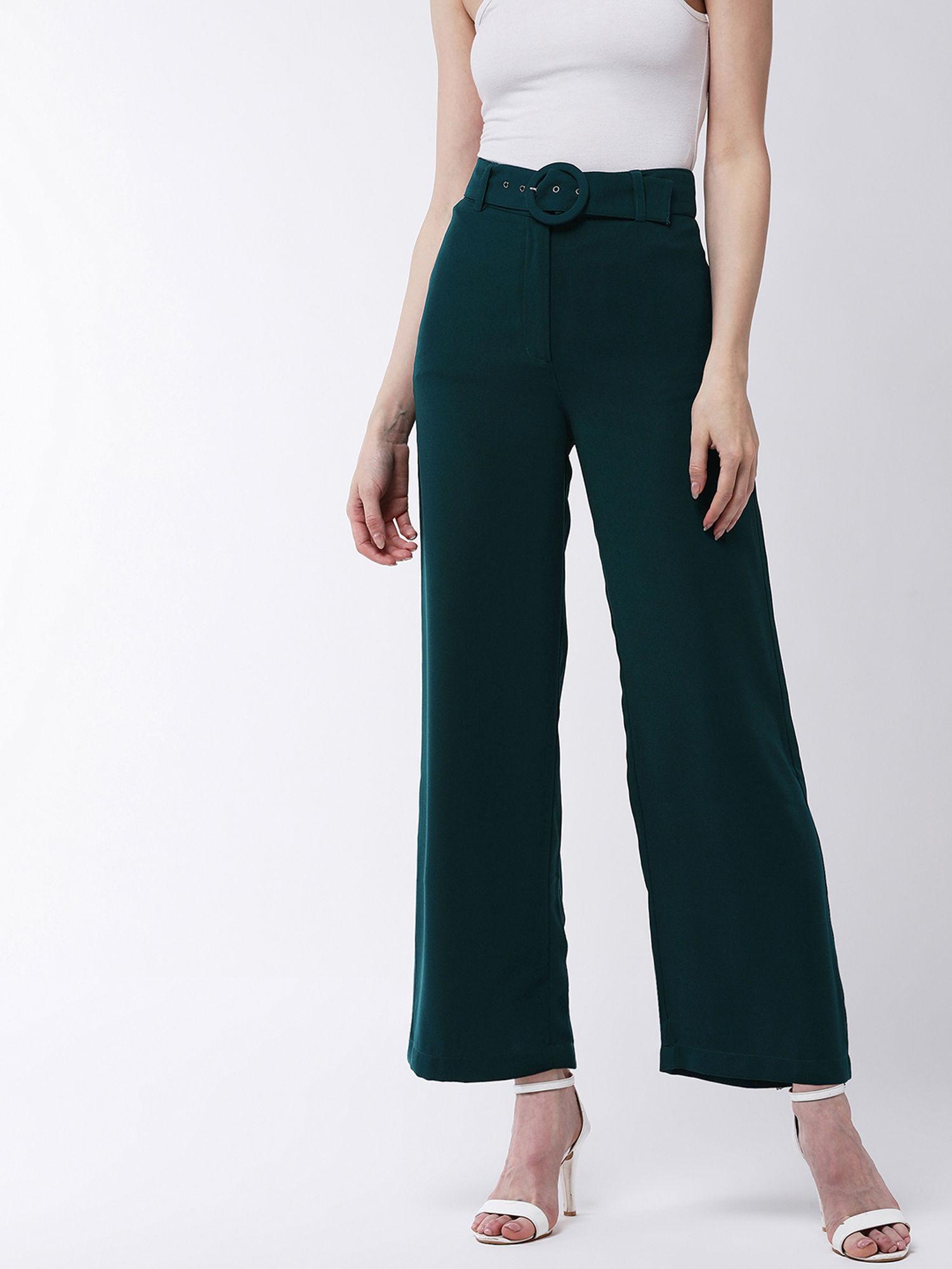 green solid pant with belt