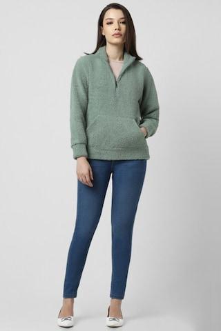 green solid polyester high neck women regular fit sweatshirts