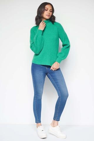 green solid polyester turtle neck women loose fit sweaters