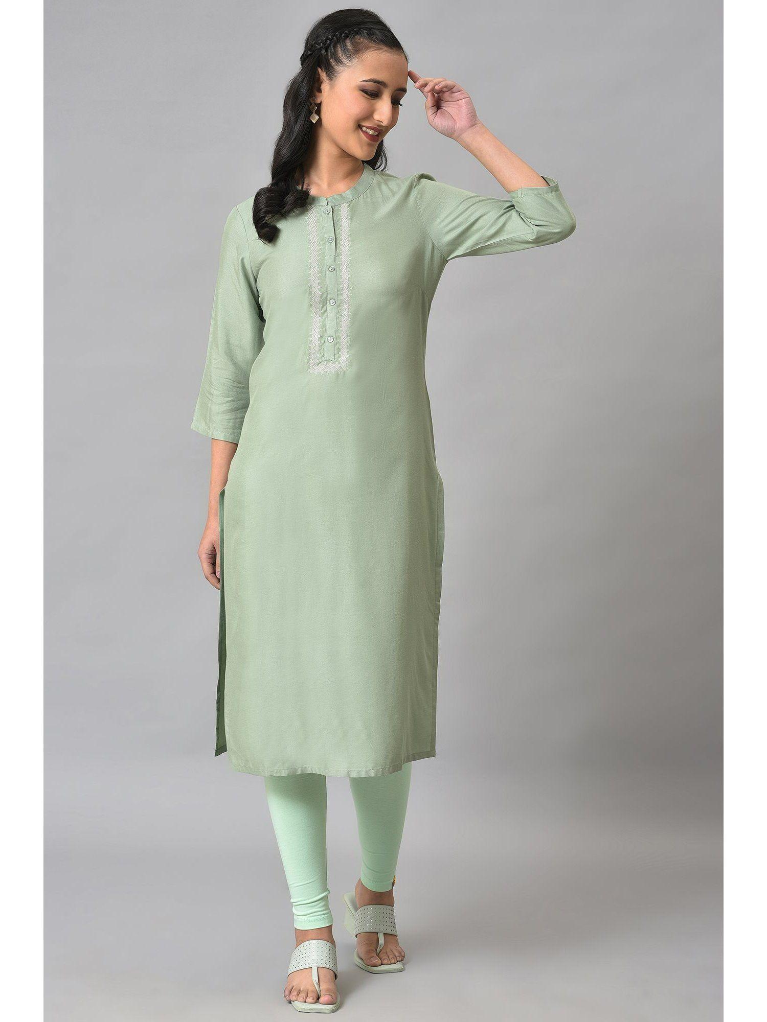 green solid rayon kurta