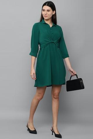 green solid regular collar casual knee length 3/4th sleeves women regular fit dress
