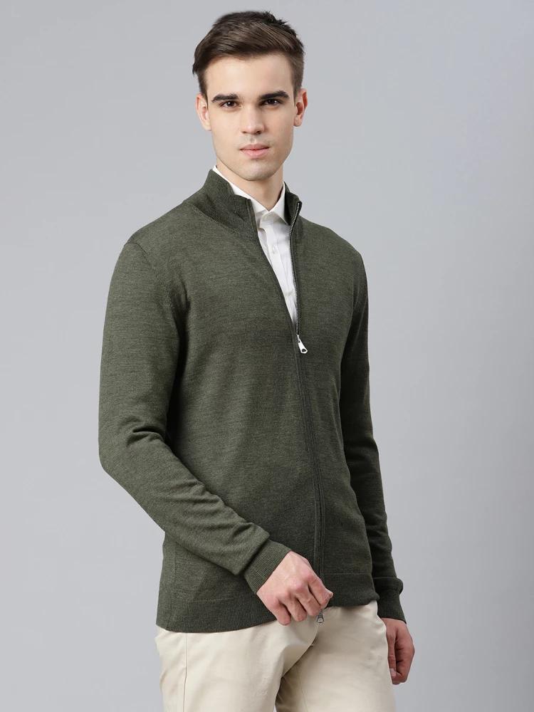 green solid round neck cardigan