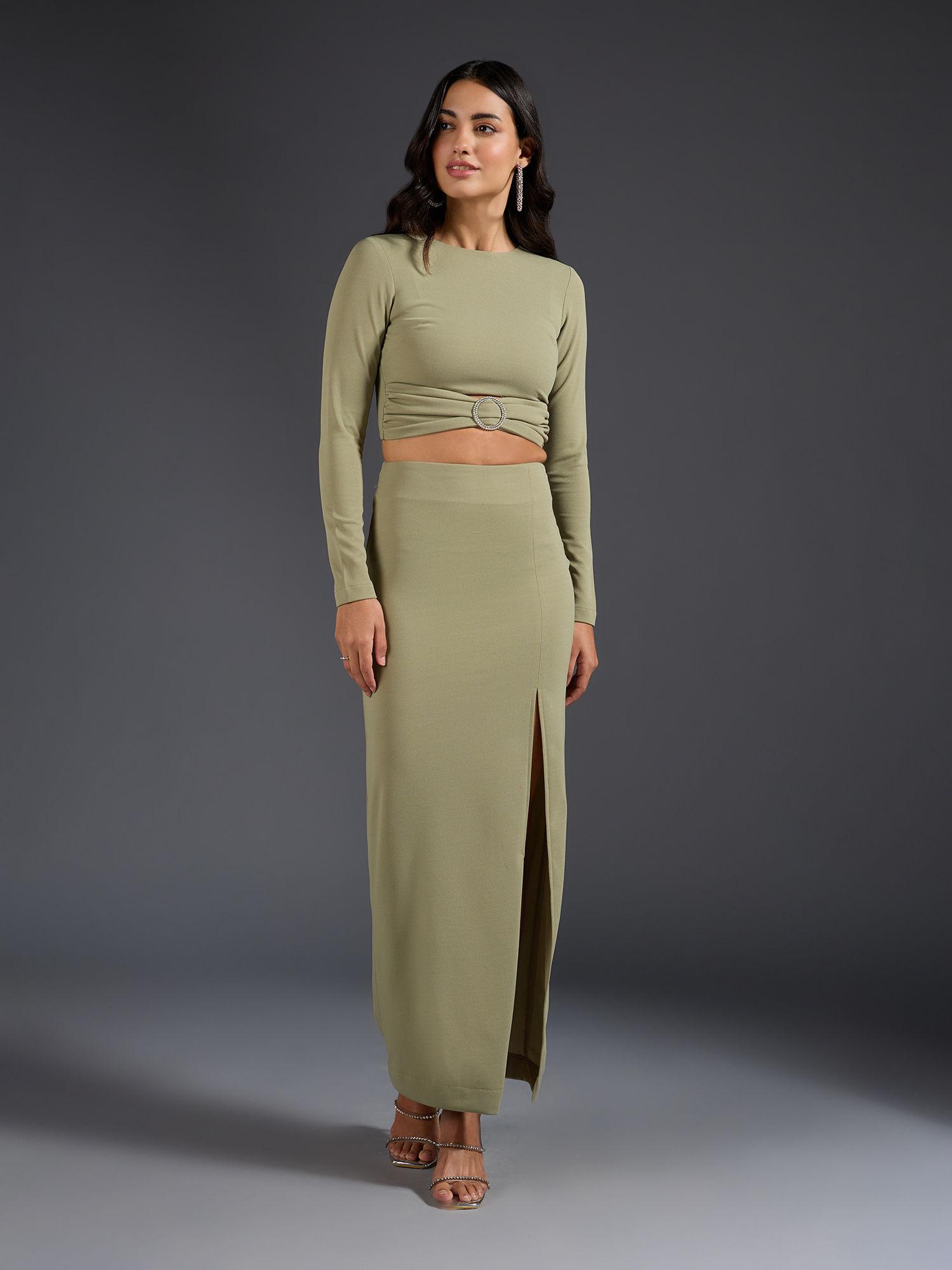 green solid round neck maxi skirt co ord (set of 2)