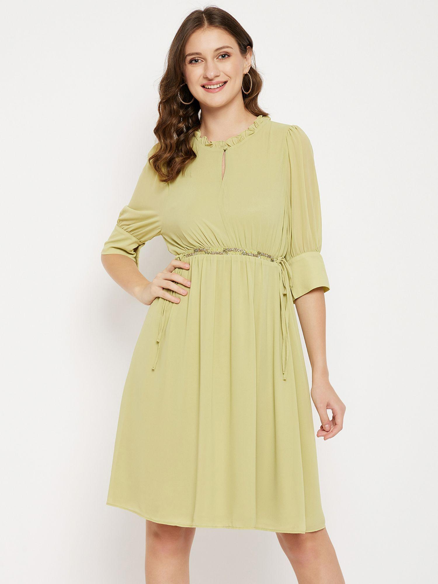 green solid ruffled neck knee length dress