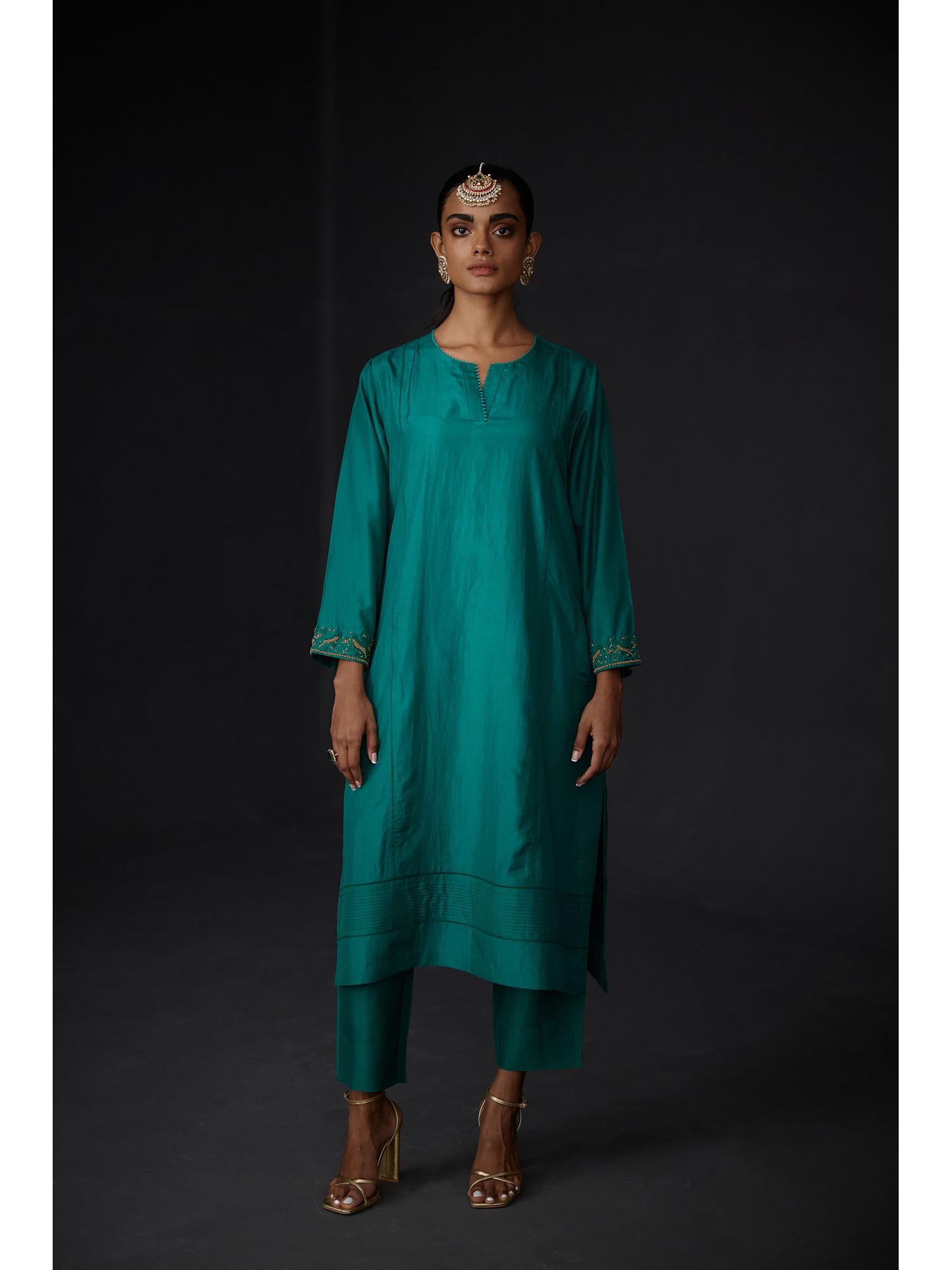 green solid silk kurta with embroidered pant (set of 2)