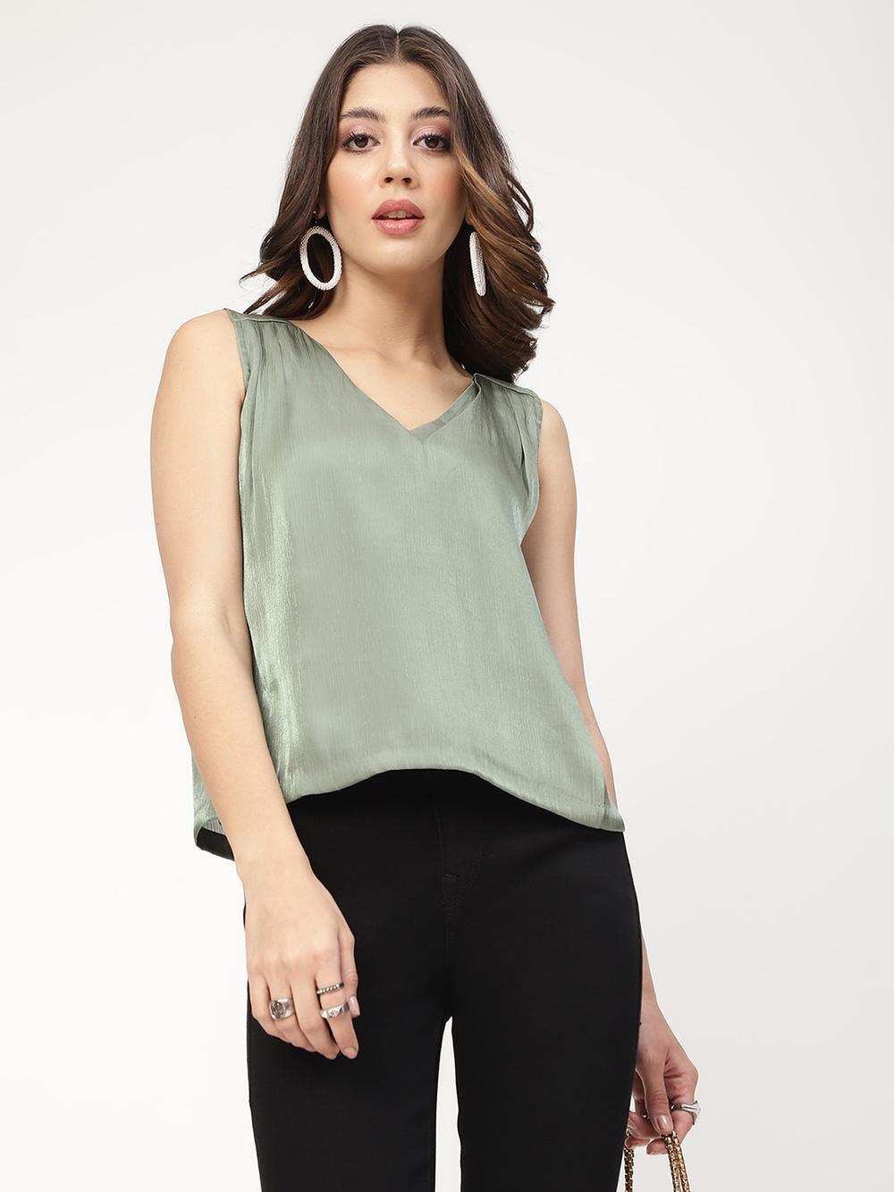 green solid square neck top