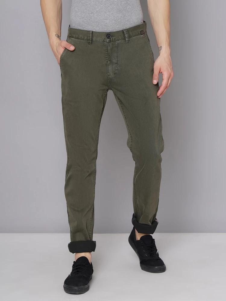 green solid straight fit chinos