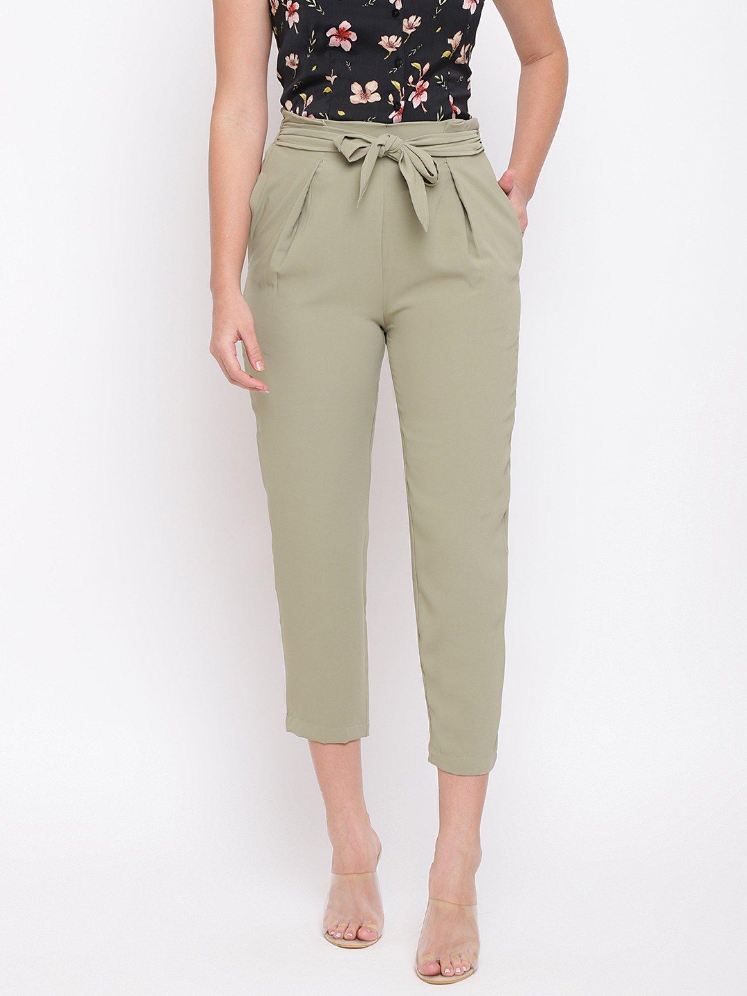 green solid straight pant with belt