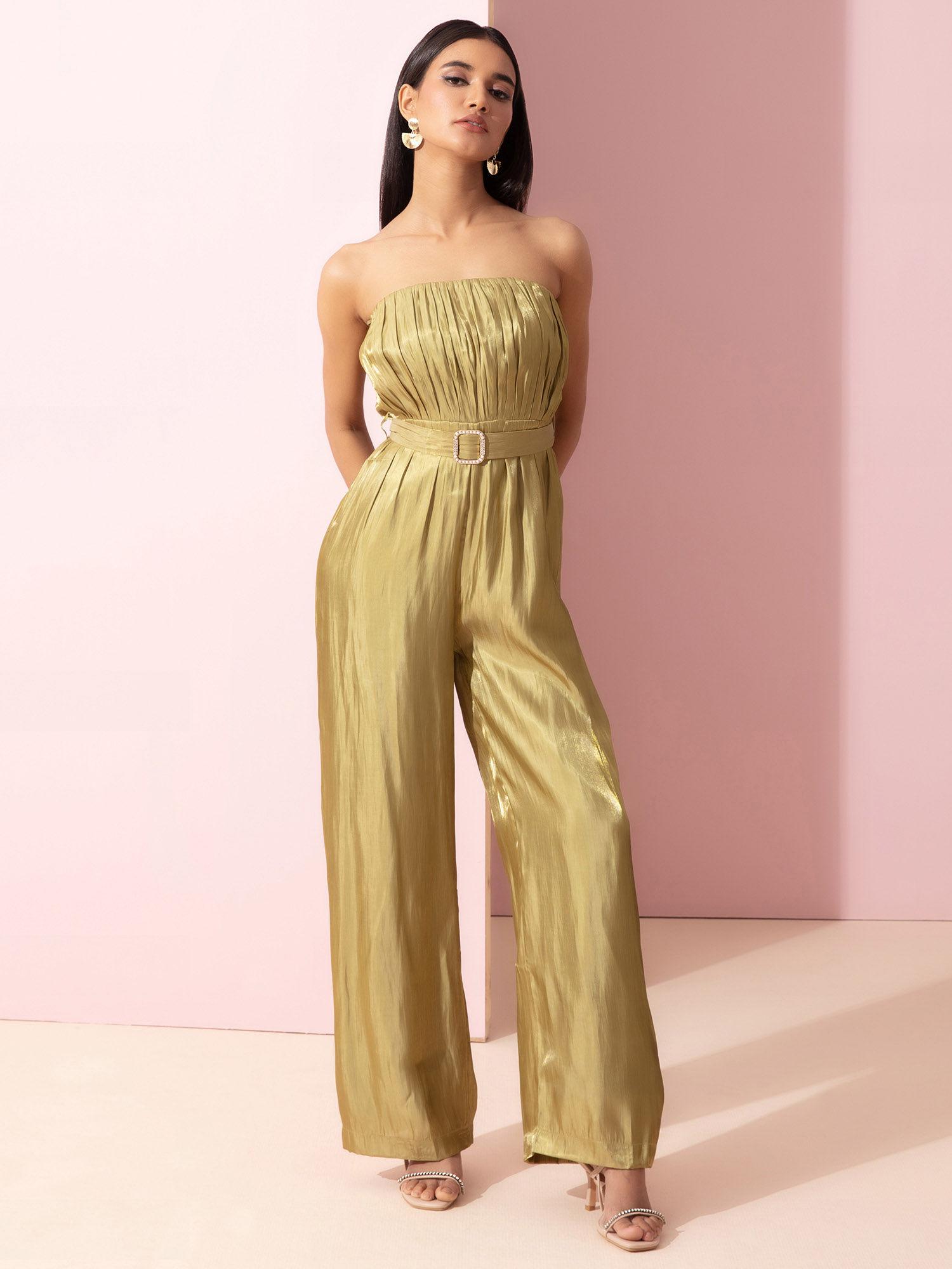 green solid strapless tube jumpsuit with belt