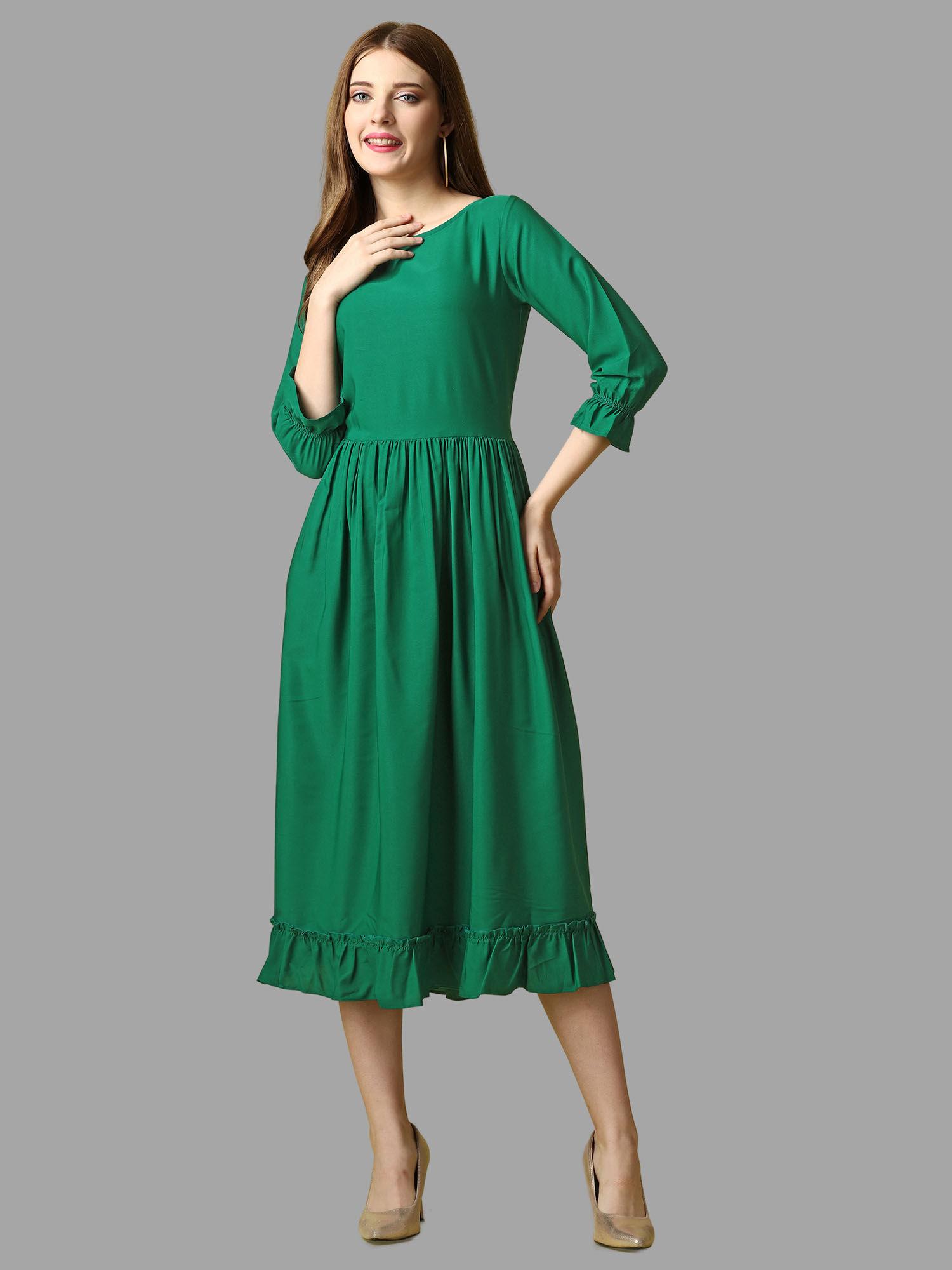 green solid three fourth sleeves midi dress for women