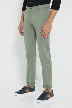 green solid twill peach slim fit stretch cotton trousers - green