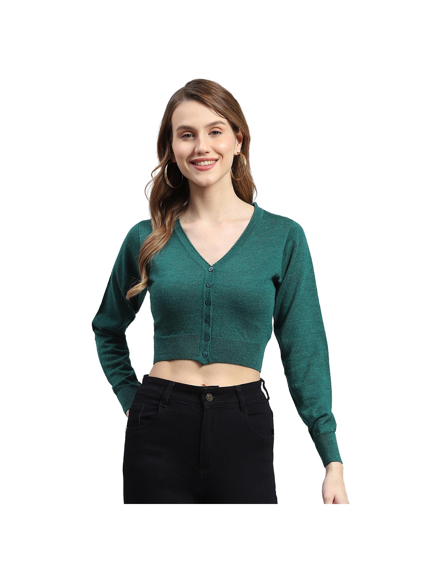 green solid v-neck full sleeves cardigan