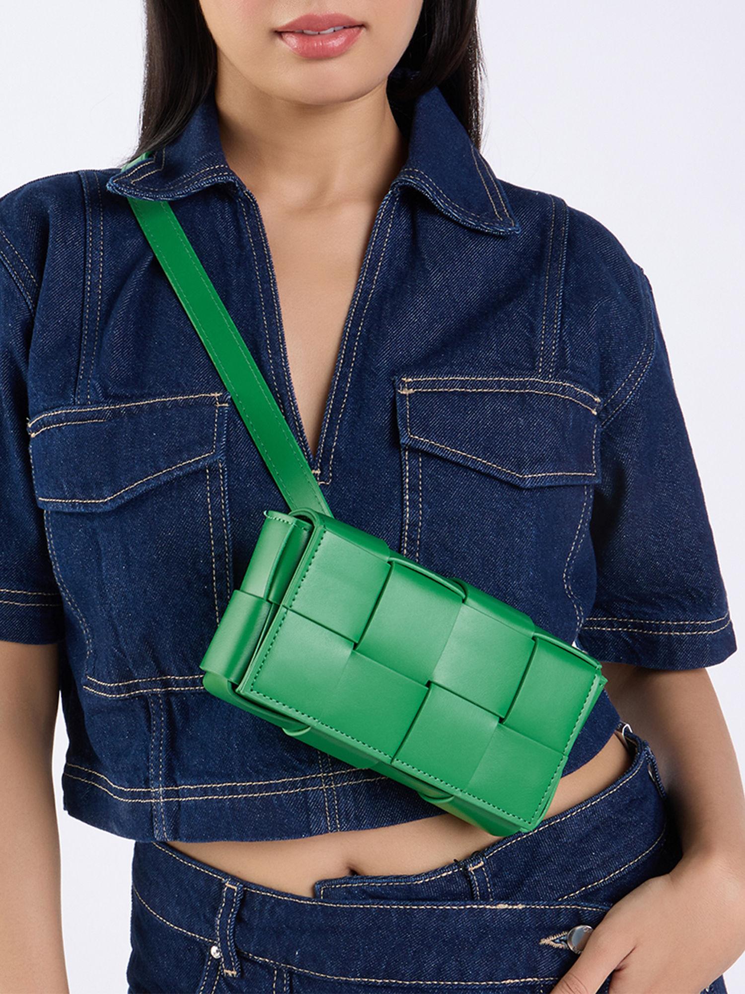 green solid woven rectangular belt bag