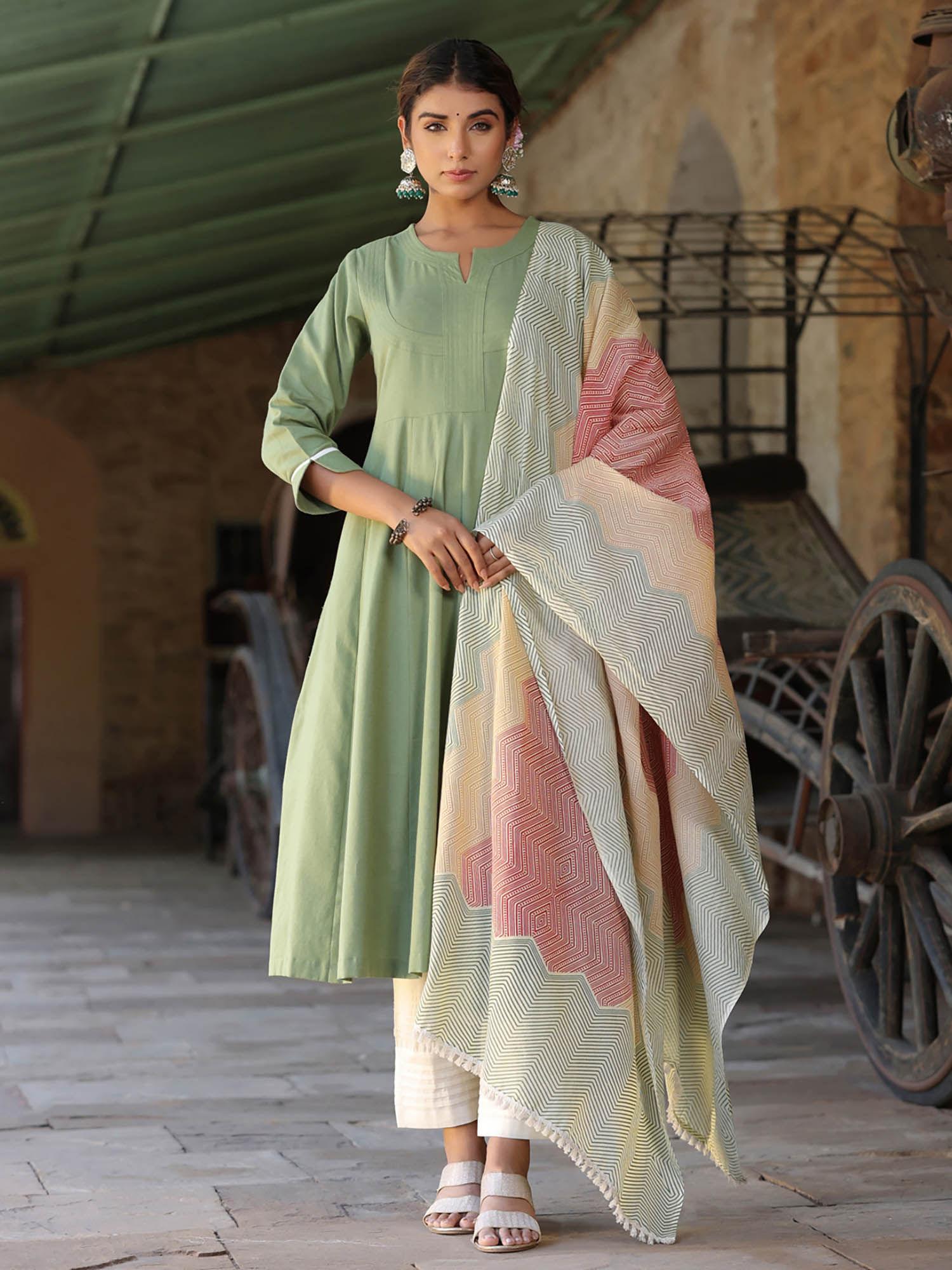 green solid yoke design anarkali kurta with dupatta and trousers (set of 3)