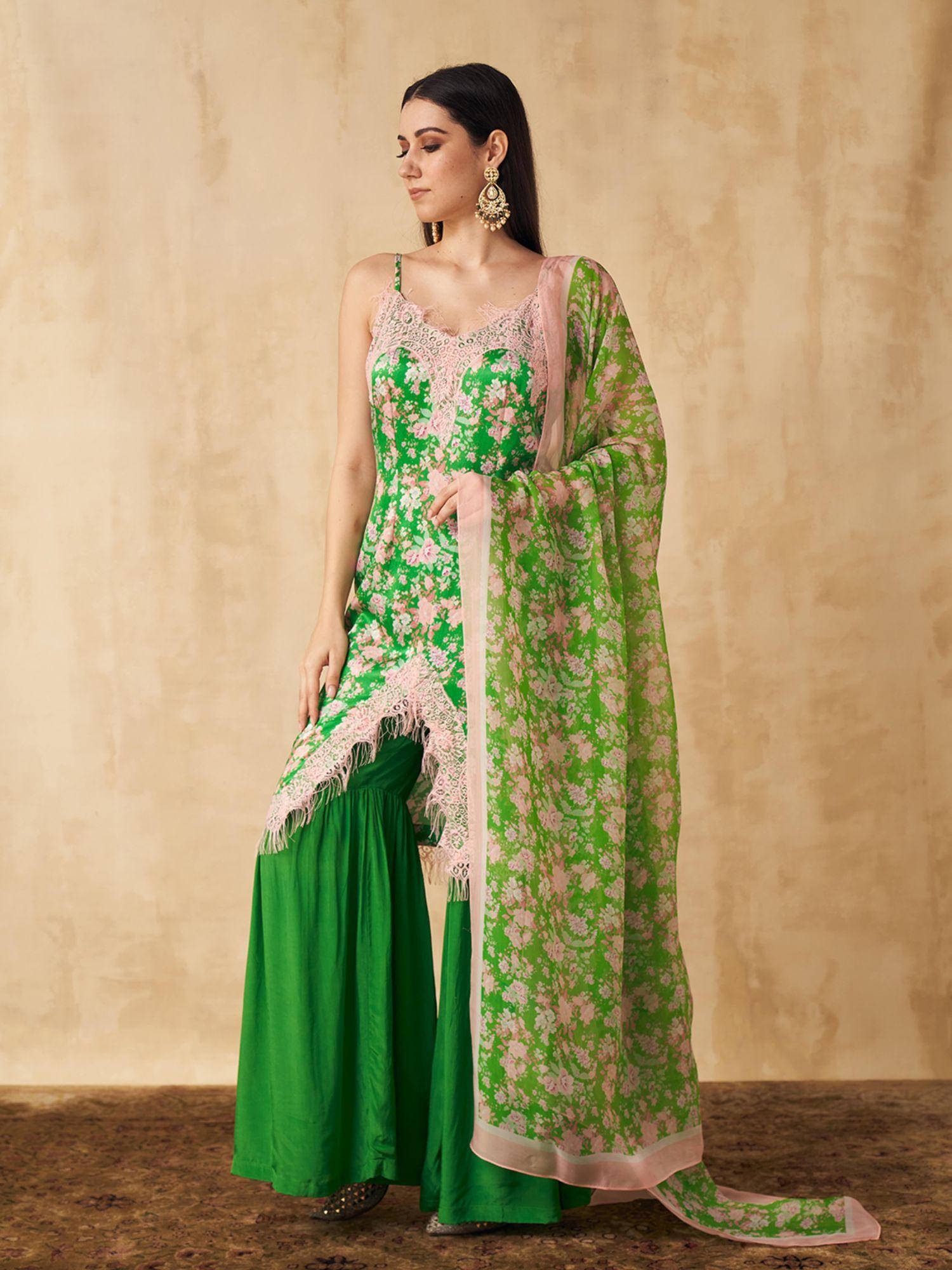 green spaghetti kurta with sharara and dupatta (set of 3)