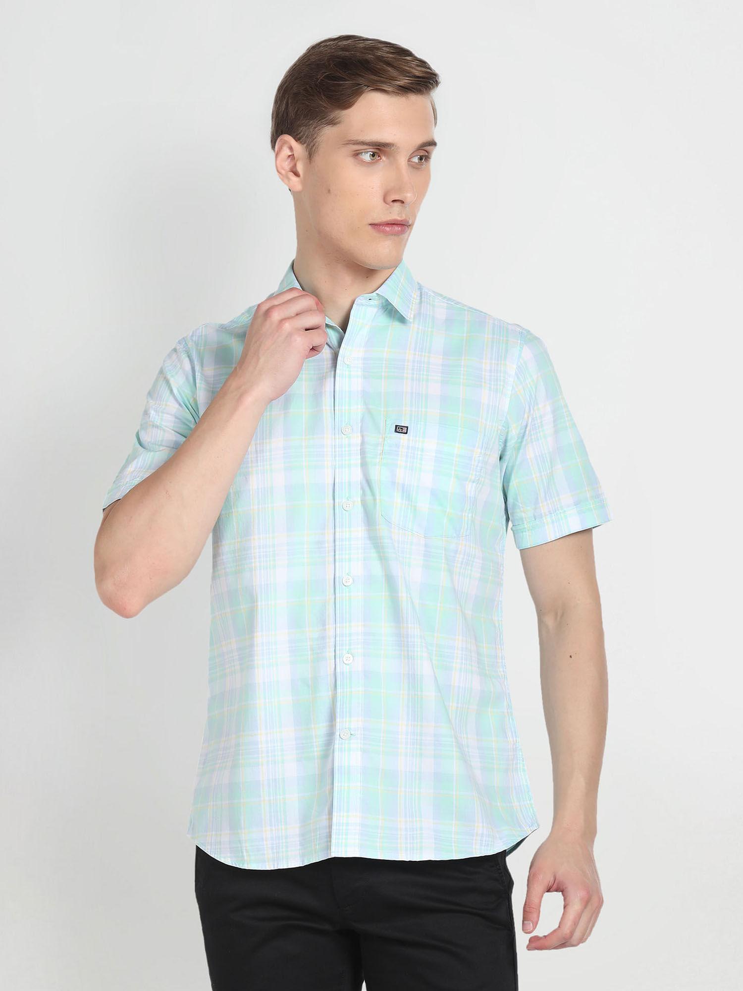 green spread collar tartan check casual shirt