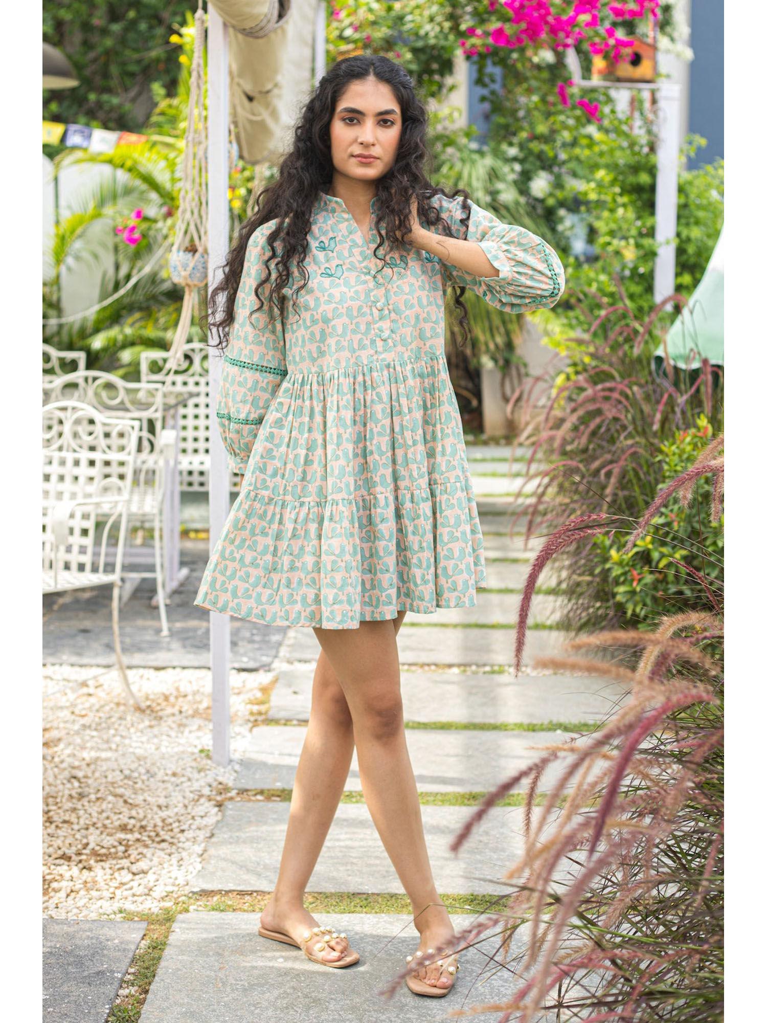 green spring birdy printed thread work dress