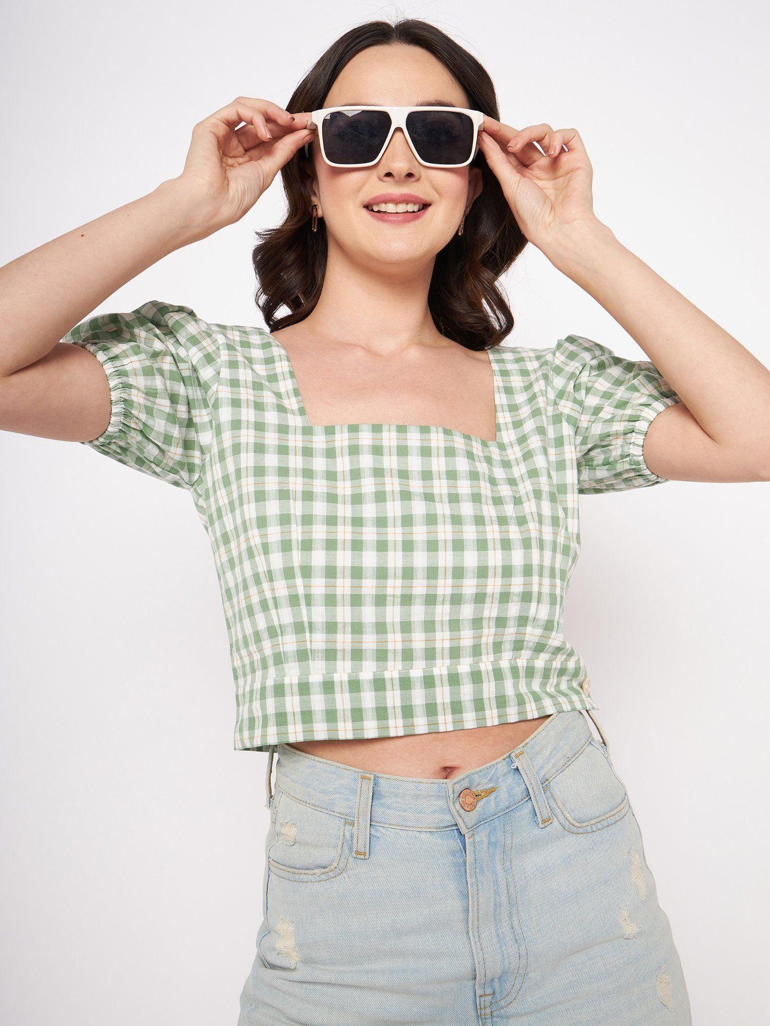 green square neck half sleeves crop tops