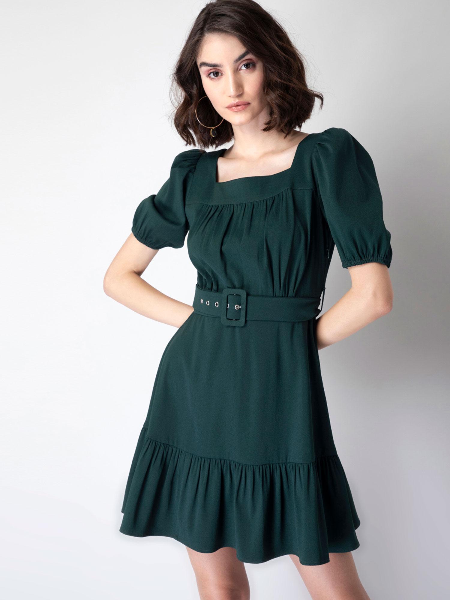 green square neck puff sleeve belted dress