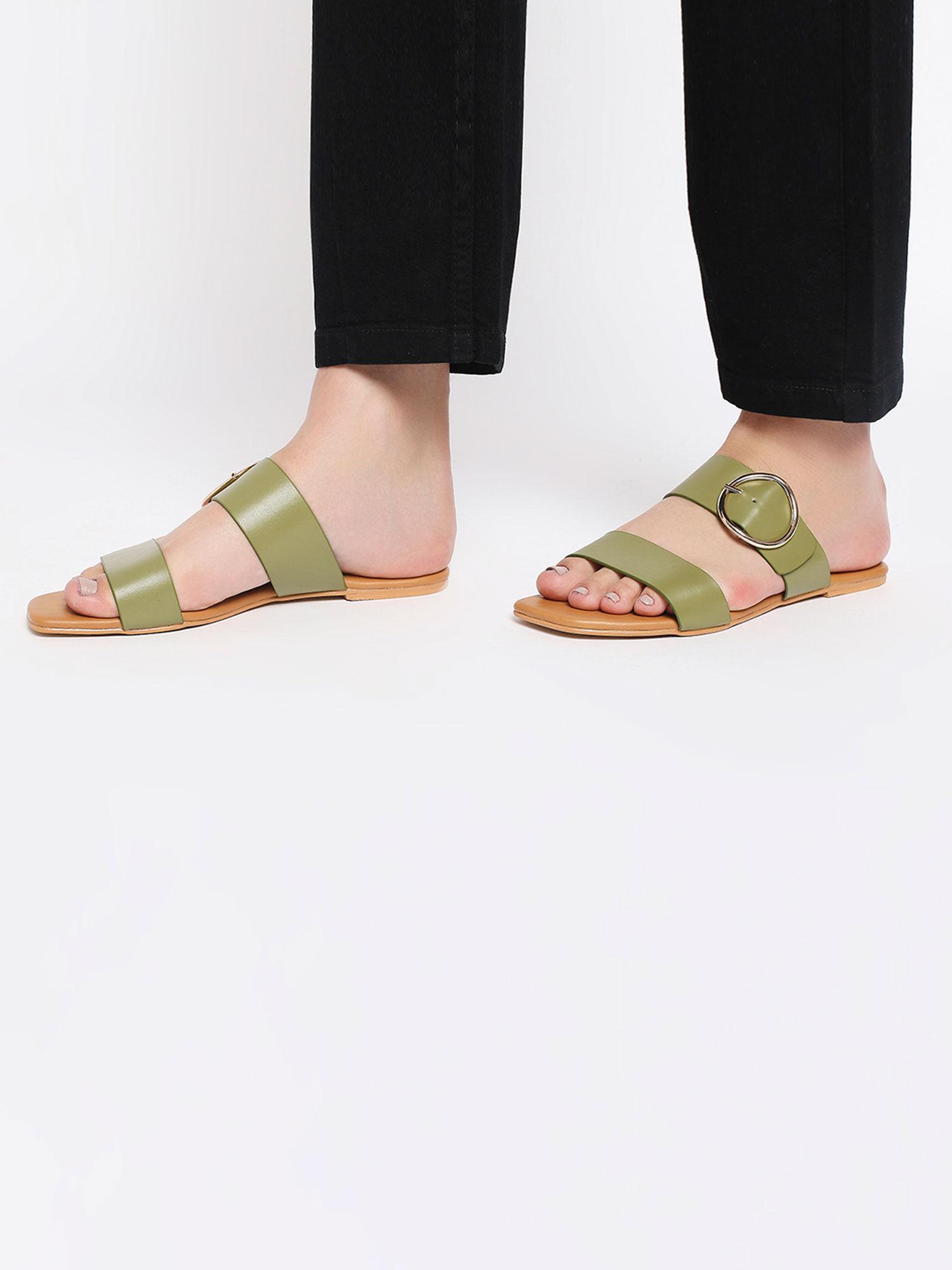 green square toe buckle detail sliders